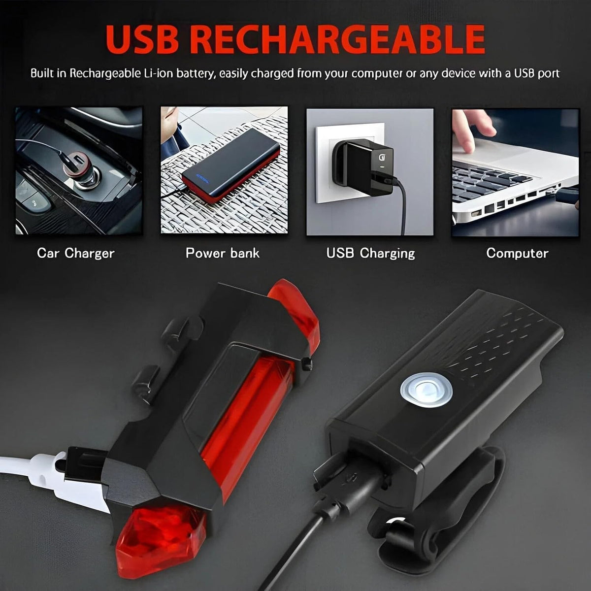USB Rechargeable Bicycle Headlight and Tail Light Set - Super Bright, Waterproof, 360° Visibility