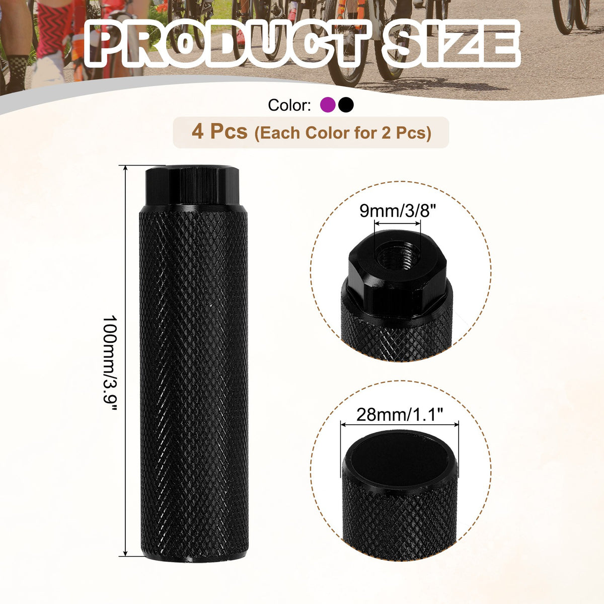 4 Pack Aluminum Alloy Bike Pegs for 3/8 Inch Axles - Anti-Skid Support for BMX & Mountain Bikes - Purple/Black