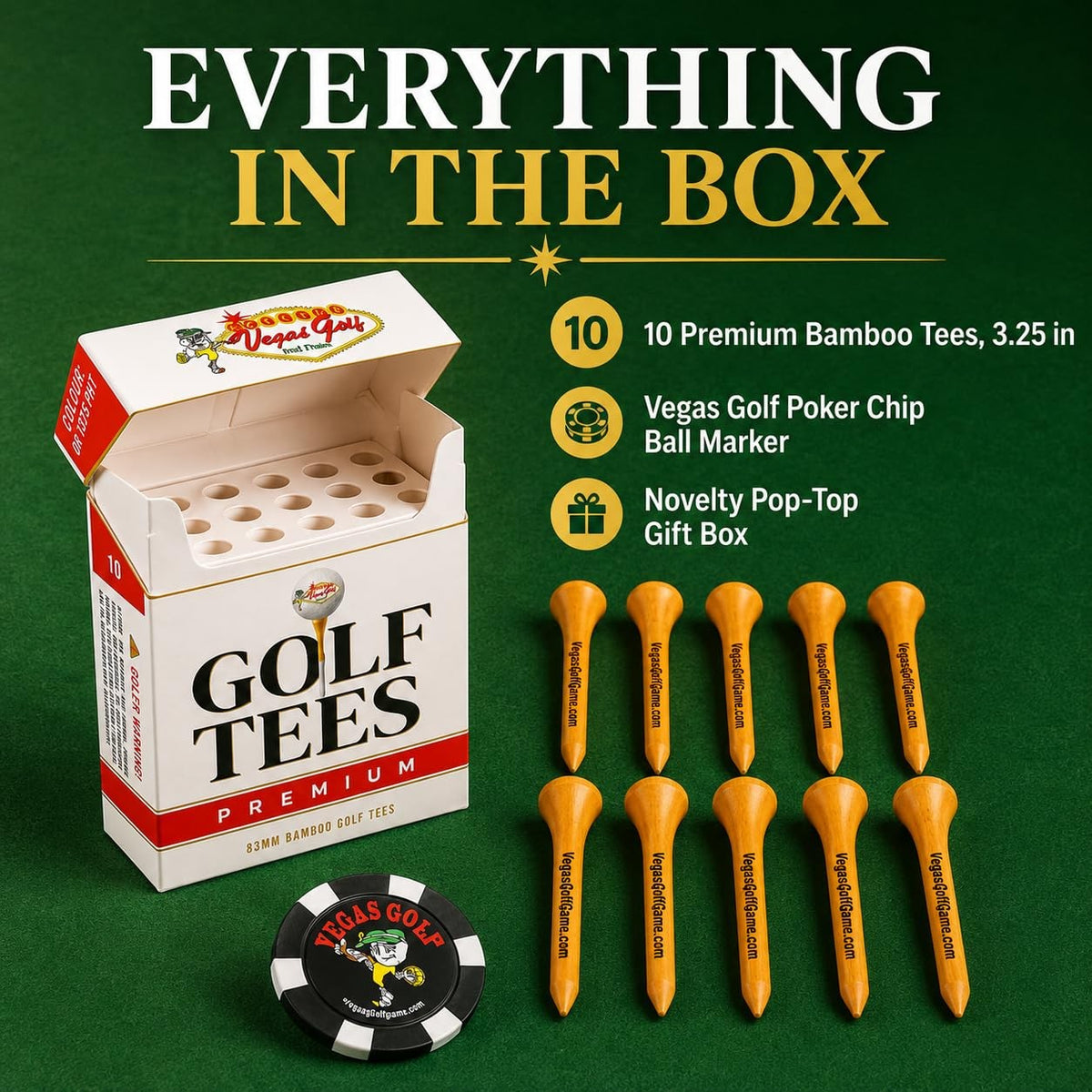 Golf Tees 10 Pack - Premium Bamboo 3.25 Inch Golf Accessories for Men & Women