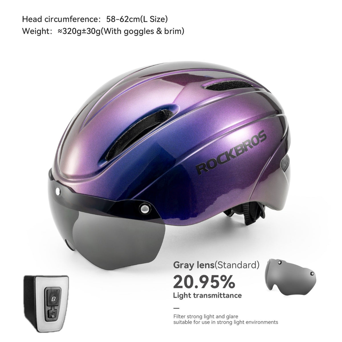 Cycling Helmet with Magnetic Goggles and Rear LED Light - One Size