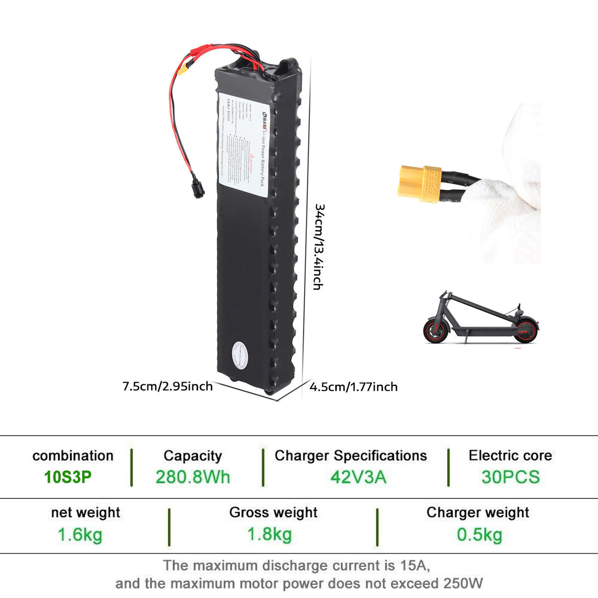 36V 7.8Ah Lithium Battery for Electric Scooter Hiboy S2-SE Replacement