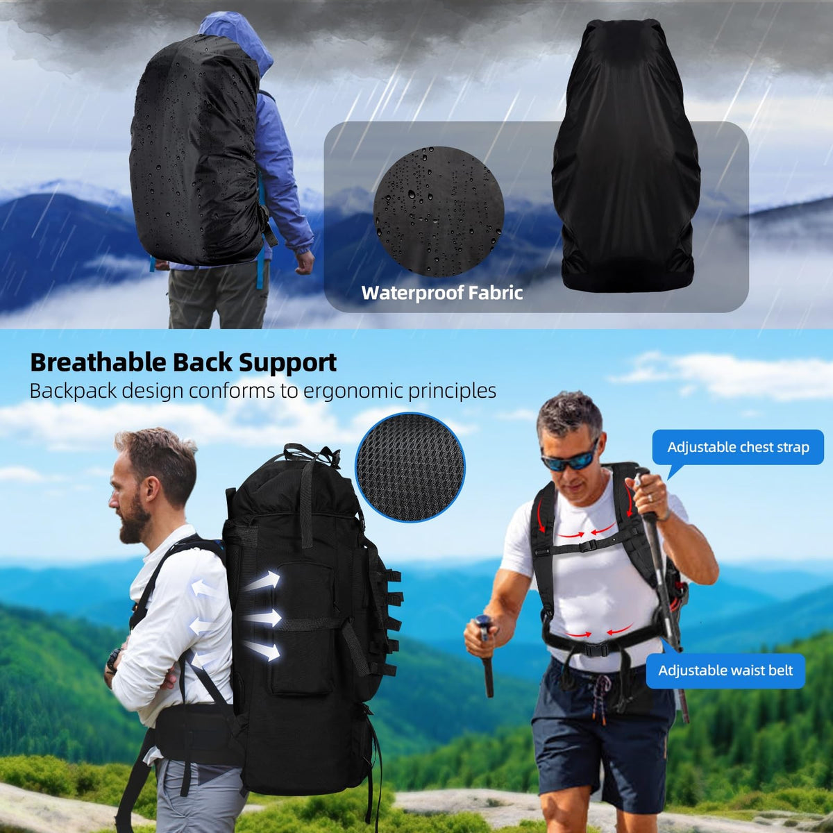 70L Waterproof Hiking Backpack with Rain Cover for Camping & Travel