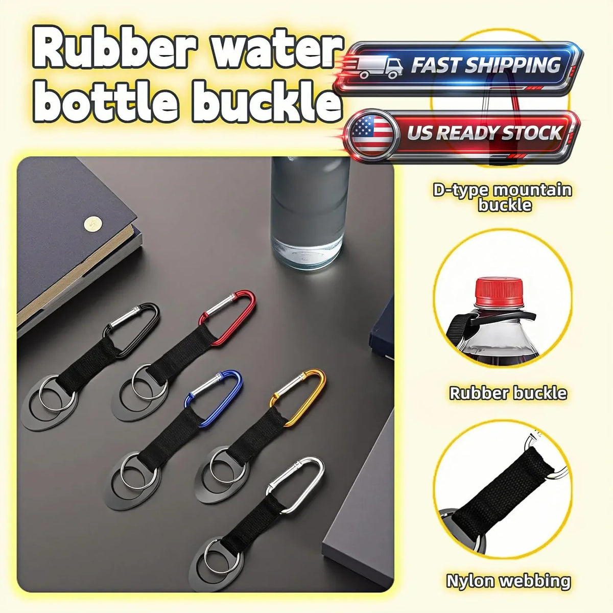 Silicone Water Bottle Holder with Carabiner & Key Ring 5-Pack for Hiking Camping