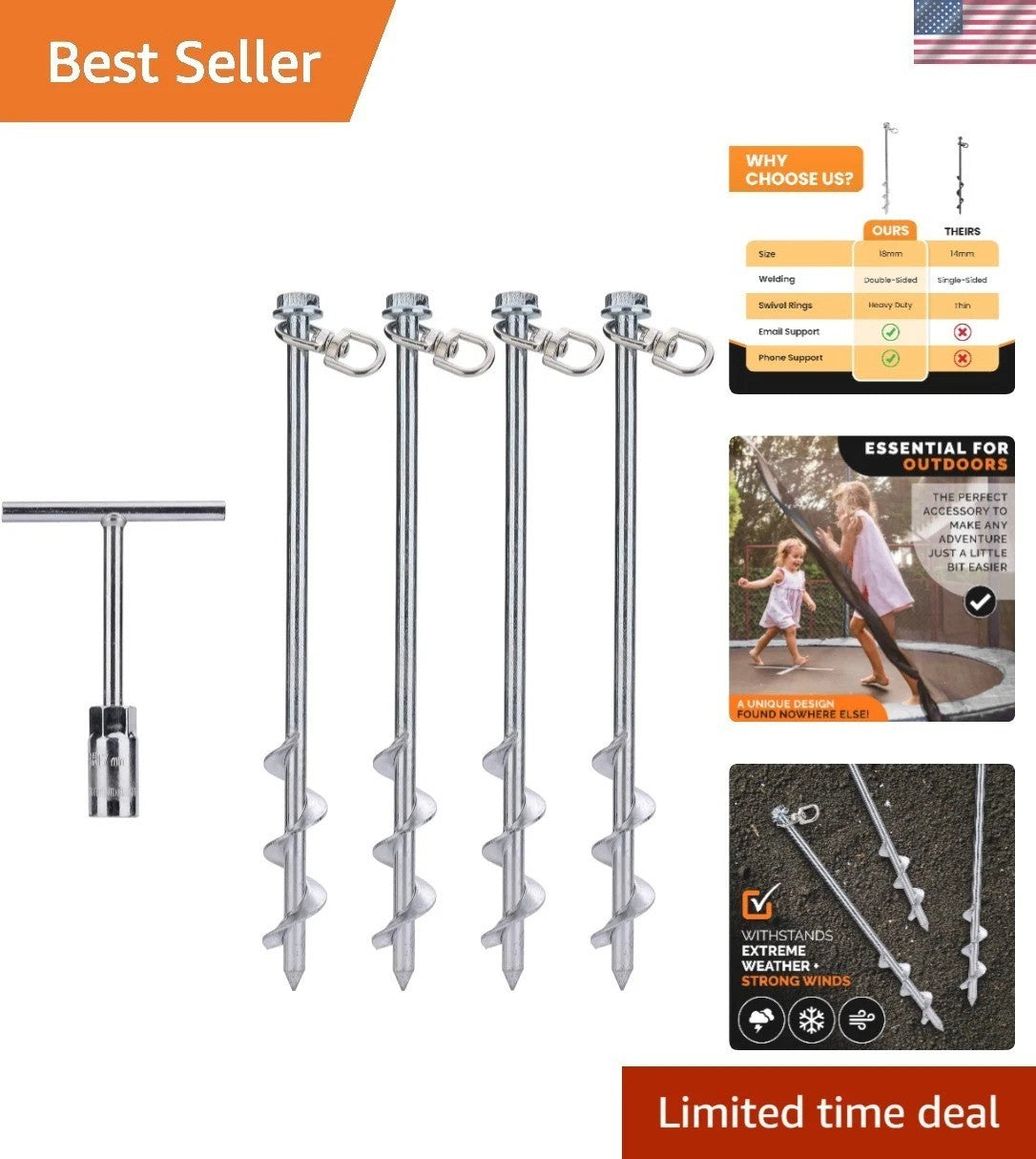 12 Inch Steel Ground Anchors for Tents, Trampolines & Outdoor Equipment