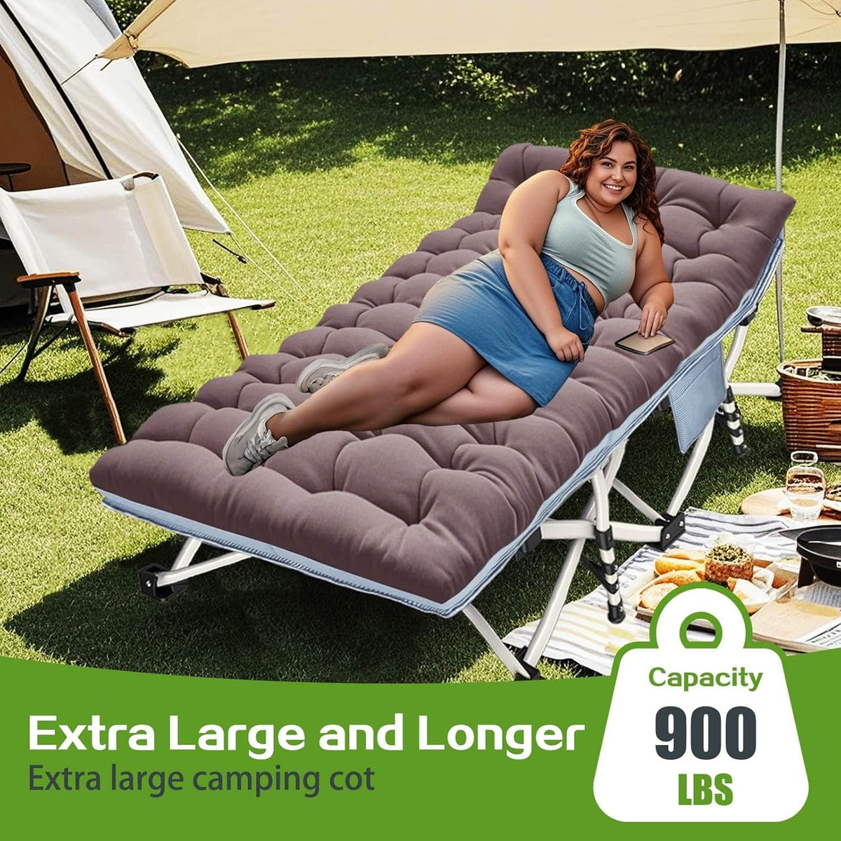 XXL Camping Cot with Mattress, Portable Folding Bed with Carry Bag