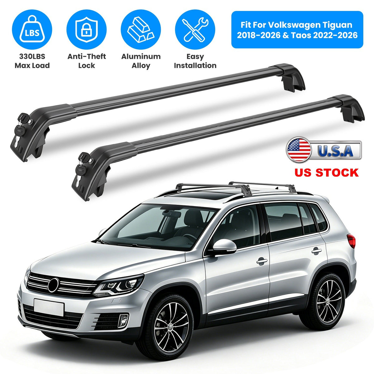 Roof Rack Cross Bars for Volkswagen Tiguan & Taos 2018-2026 - Heavy Duty Aluminum