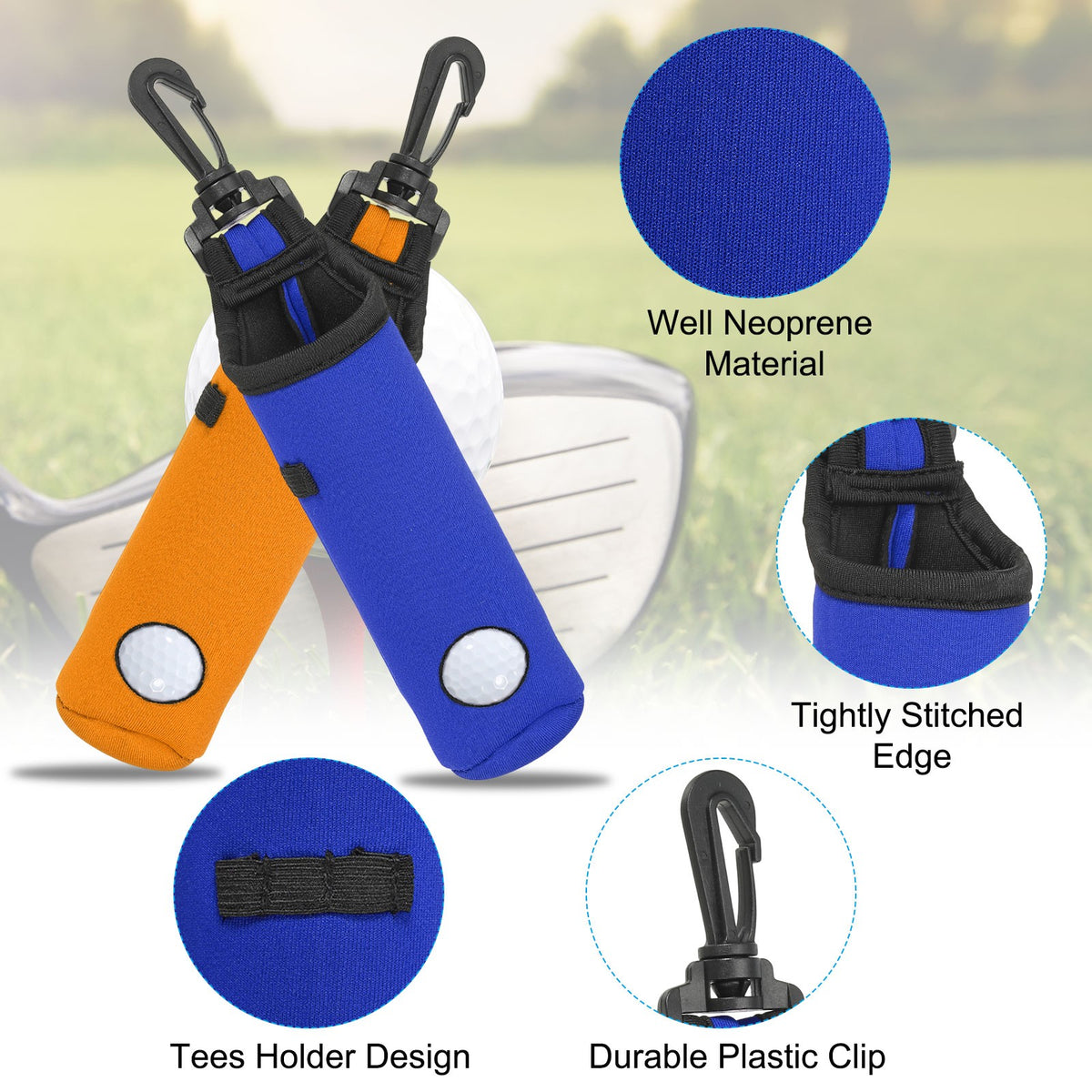 2-Pack Golf Ball Carry Bag Tee Holder Neoprene Pouches with Hook - Black & Blue