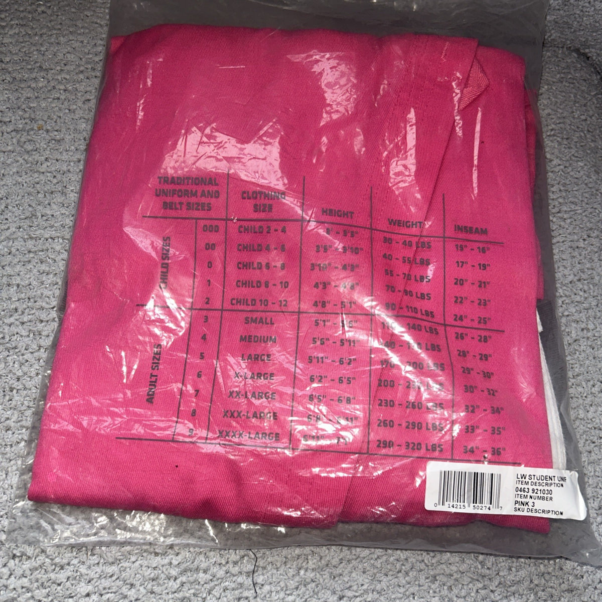Lightweight Martial Arts Uniform Size 3 Pink with Belt for Students