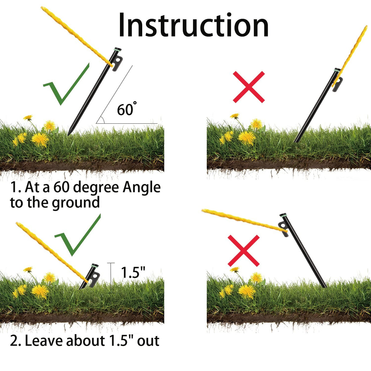 Heavy Duty Tent Stakes with Hammer - 10 Inch Steel Stakes for Camping (12 Pack)