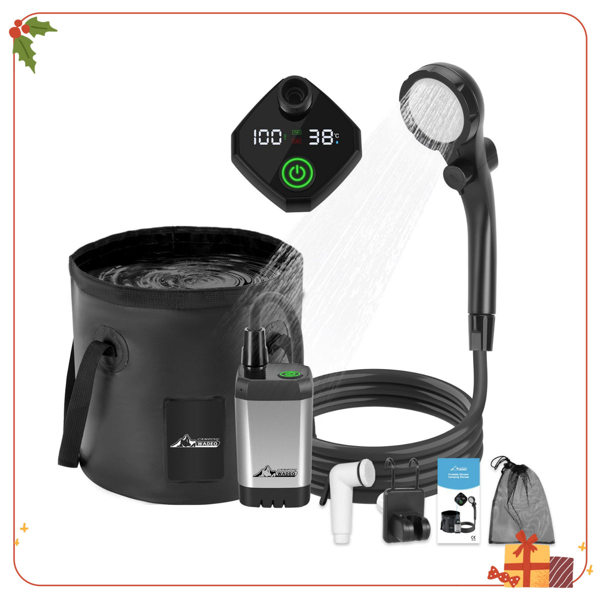 Portable Camping Shower with 5-Gallon Foldable Water Bucket & Rechargeable Pump