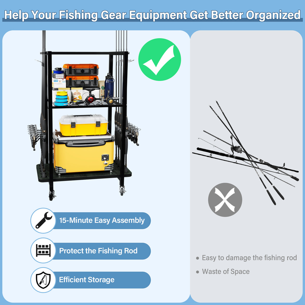 10 Rod Fishing Rod Holder Rack with Tackle Storage and Mobility