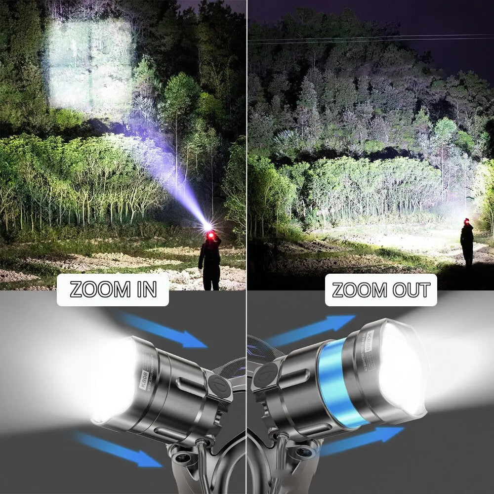 High Power LED Headlamp USB Rechargeable Zoom Outdoor Flashlight - Waterproof, 4500 Lumens