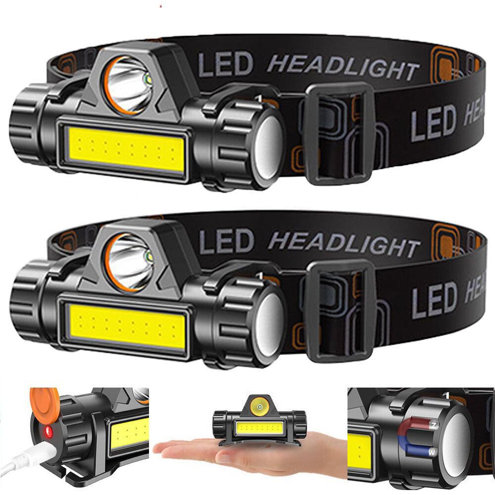 2 Pack Waterproof USB Rechargeable LED Headlamps with Adjustable Brightness