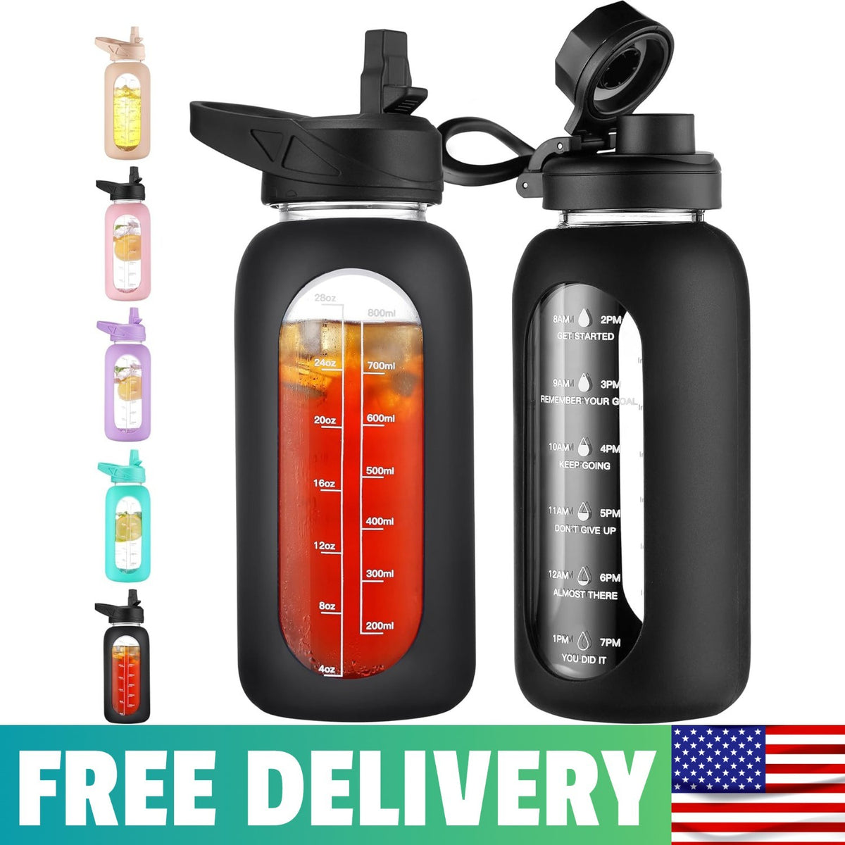 32 oz Glass Water Bottle with Straw & Handle - Large Sports Hydration Bottle