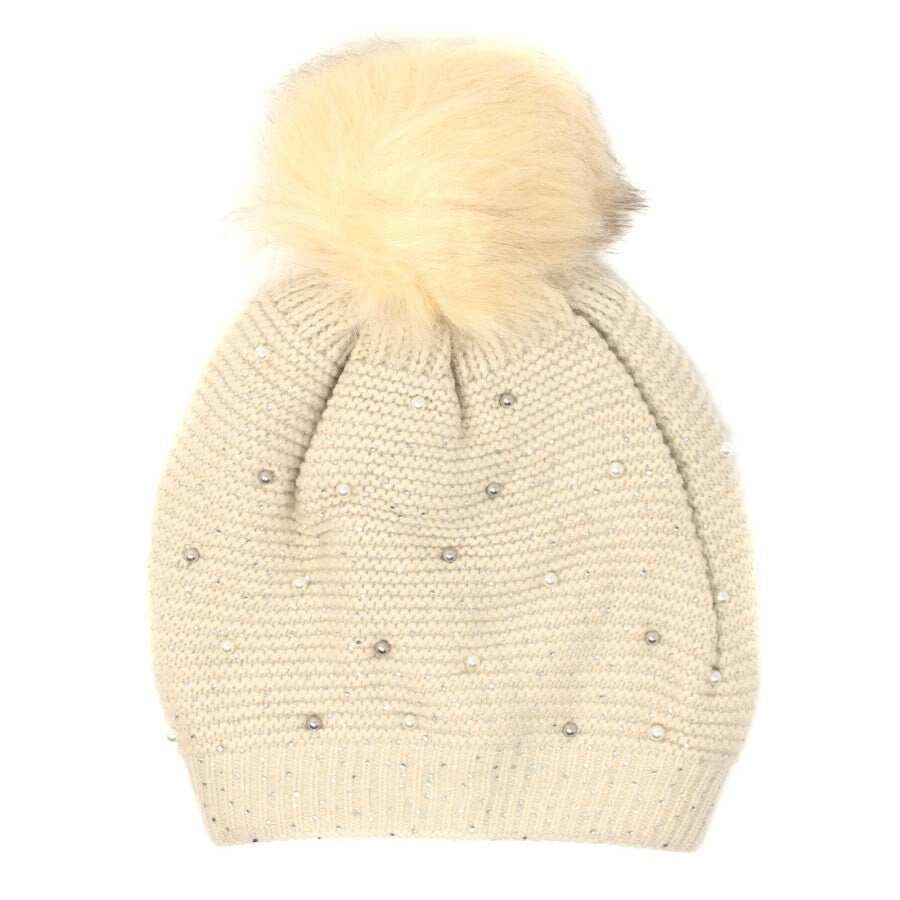 Women's Winter Cable Knit Beanie Hat with Pom Pom Fur Lining Warm Accessory