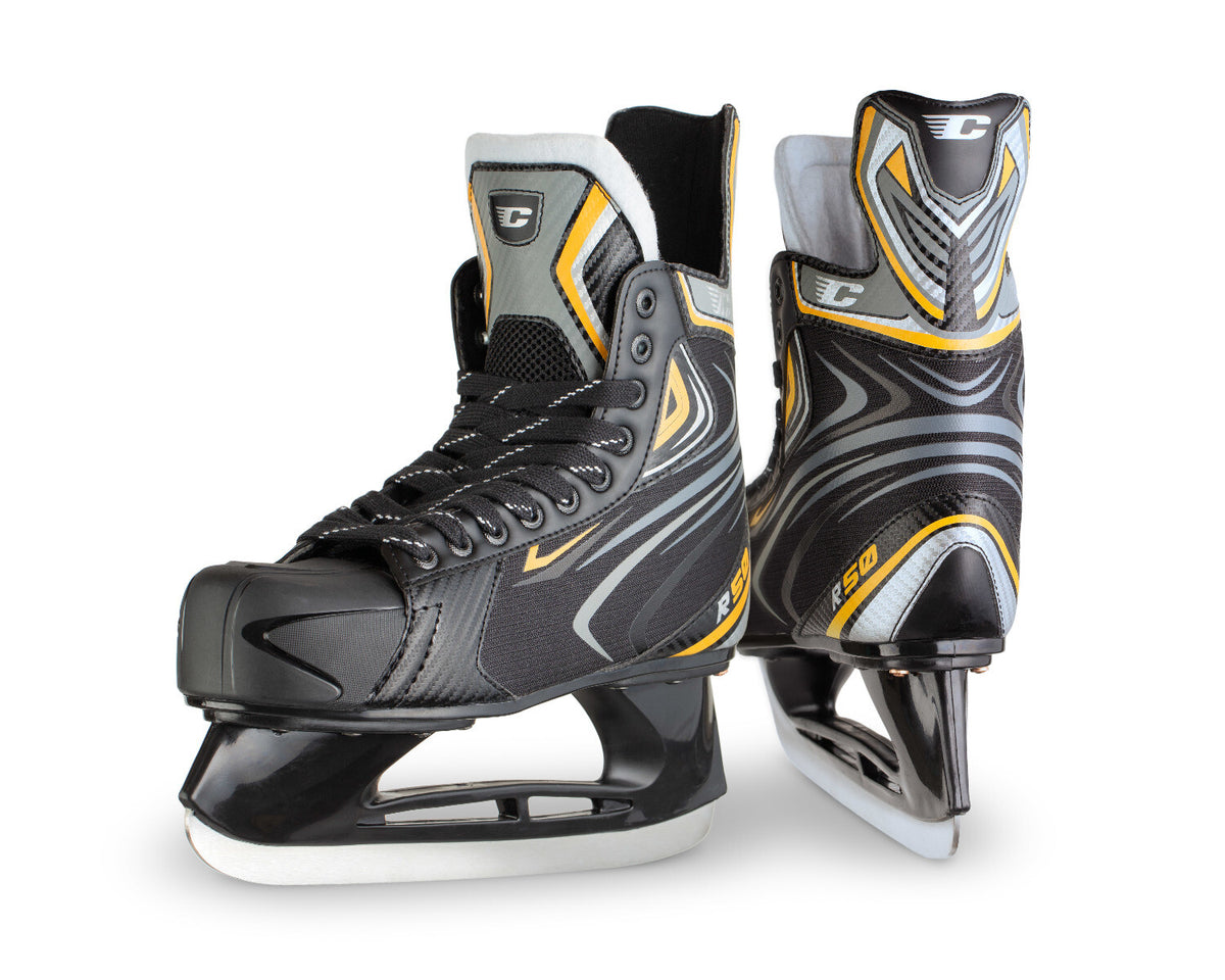 Men's Ice Hockey Skates - Sizes 5-13, Black with Silver & Gold Details