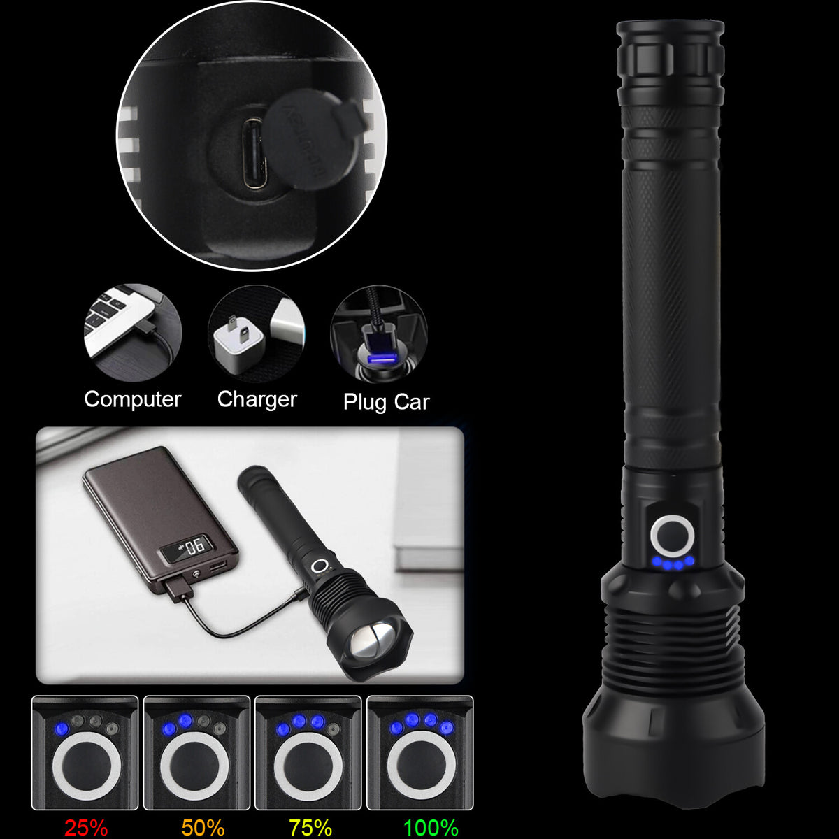 1200000LMS Super Bright Rechargeable LED Flashlight with Zoom, IPX7 Waterproof, Tactical Torch
