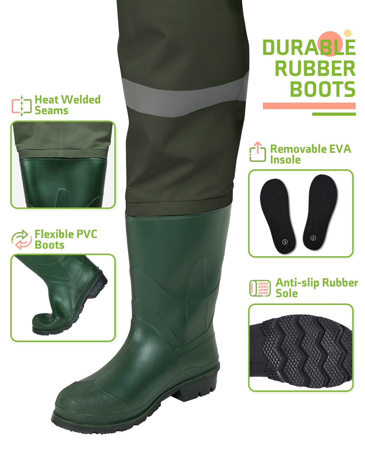 Kids Waterproof Chest Waders for Hunting & Fishing - Nylon 2-Ply PVC