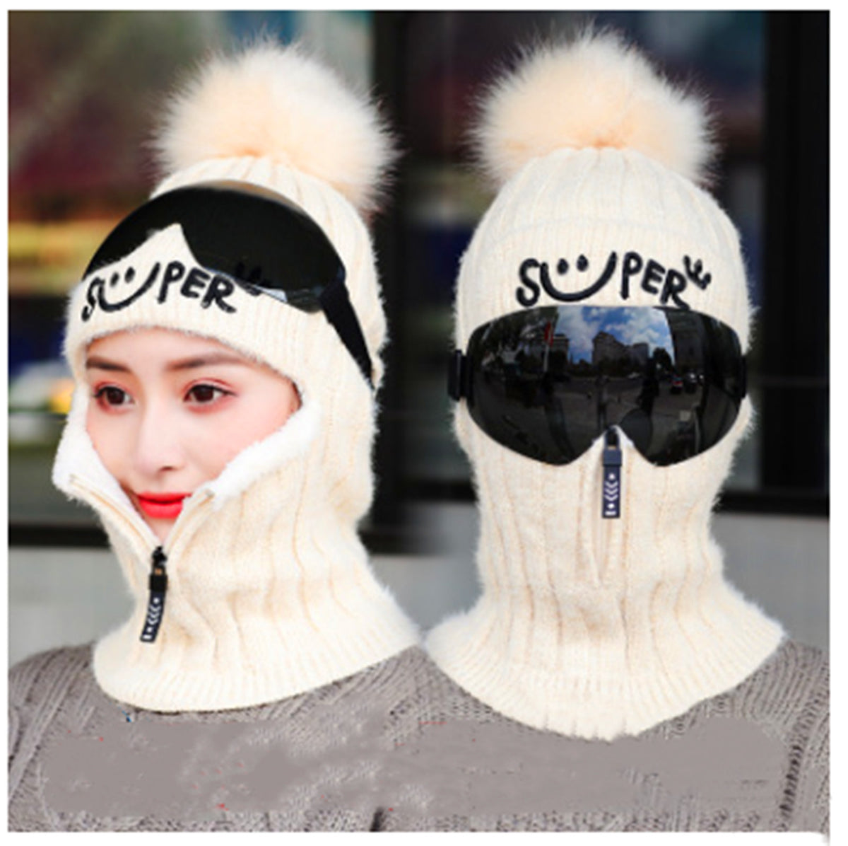 Double-Layer Fleece Winter Hat Beanie with Face and Neck Cover - Multiple Colors