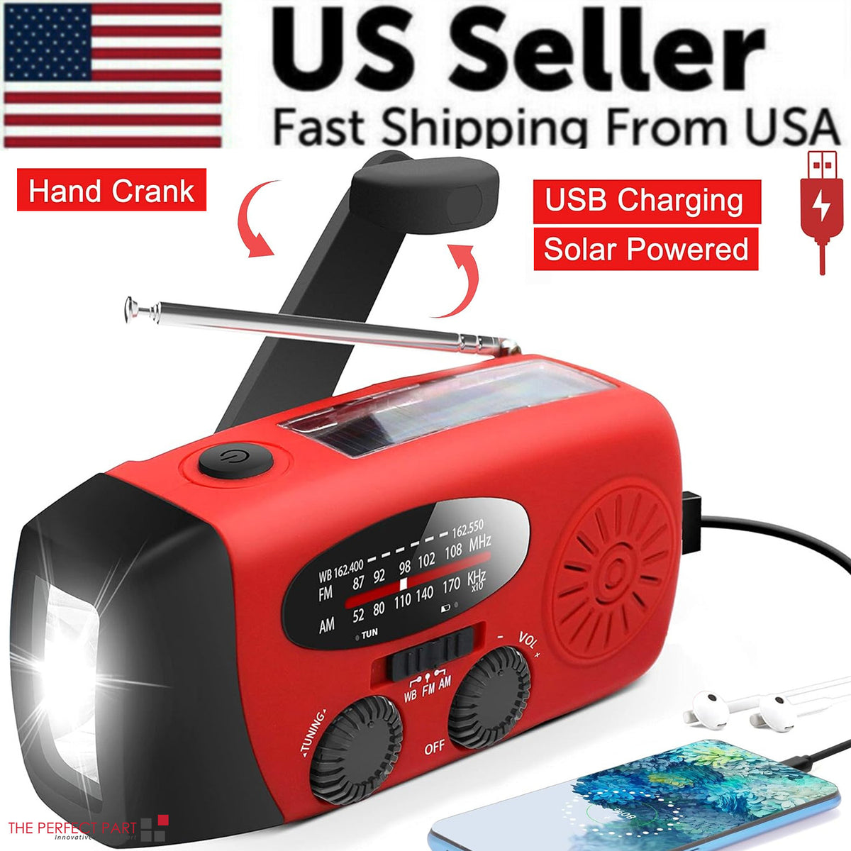 Emergency Weather Radio with Solar Crank Power Bank & LED Flashlight