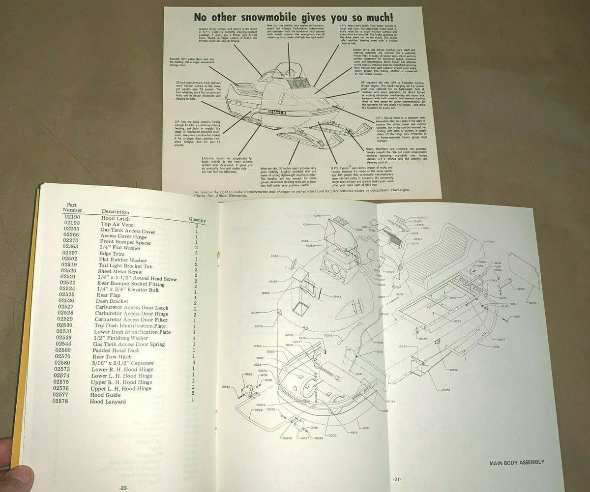 1971 Boatel Grand Prix Snowmobile 400cc OEM Owner's Manual & Brochure Set