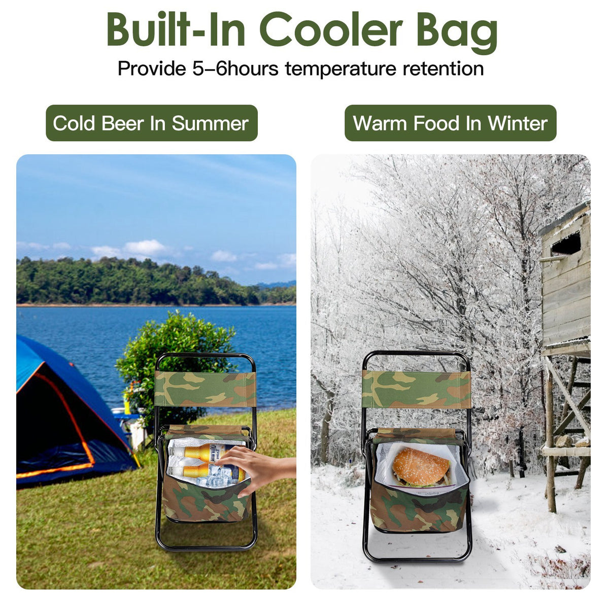 Portable Camping Chair with Cooler Bag and Backrest - Foldable Outdoor Stool