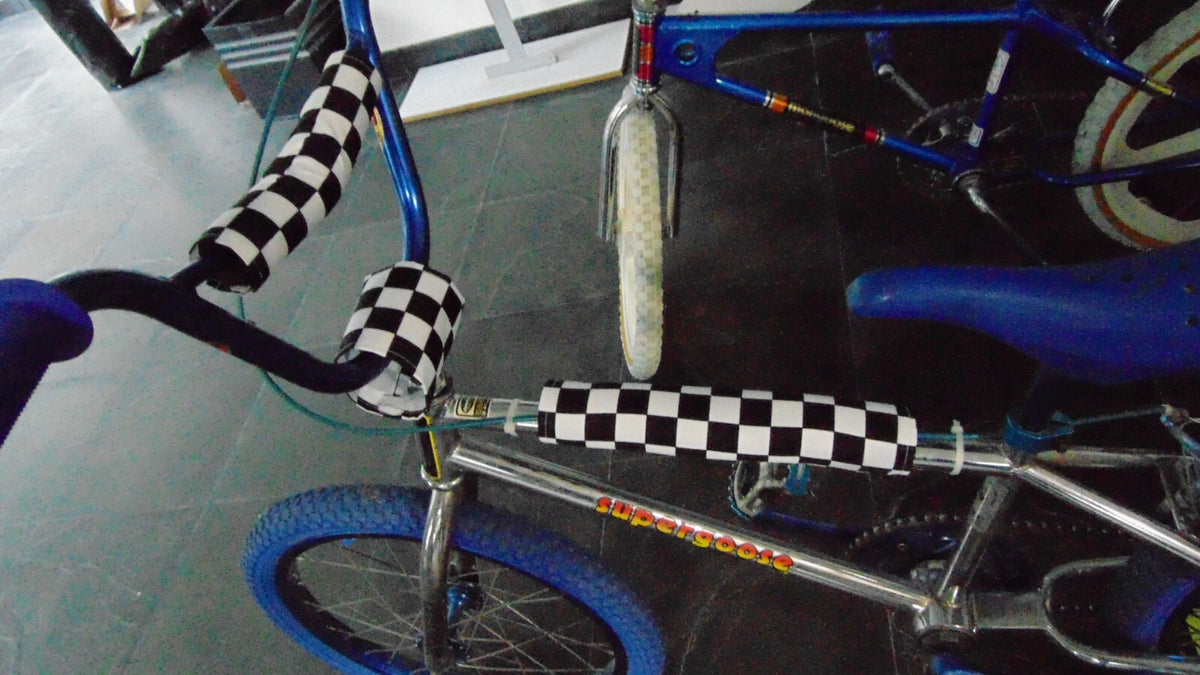 BMX Bike Handlebar Top Tube Pad Set - Checkerboard Black Purple Foam Included
