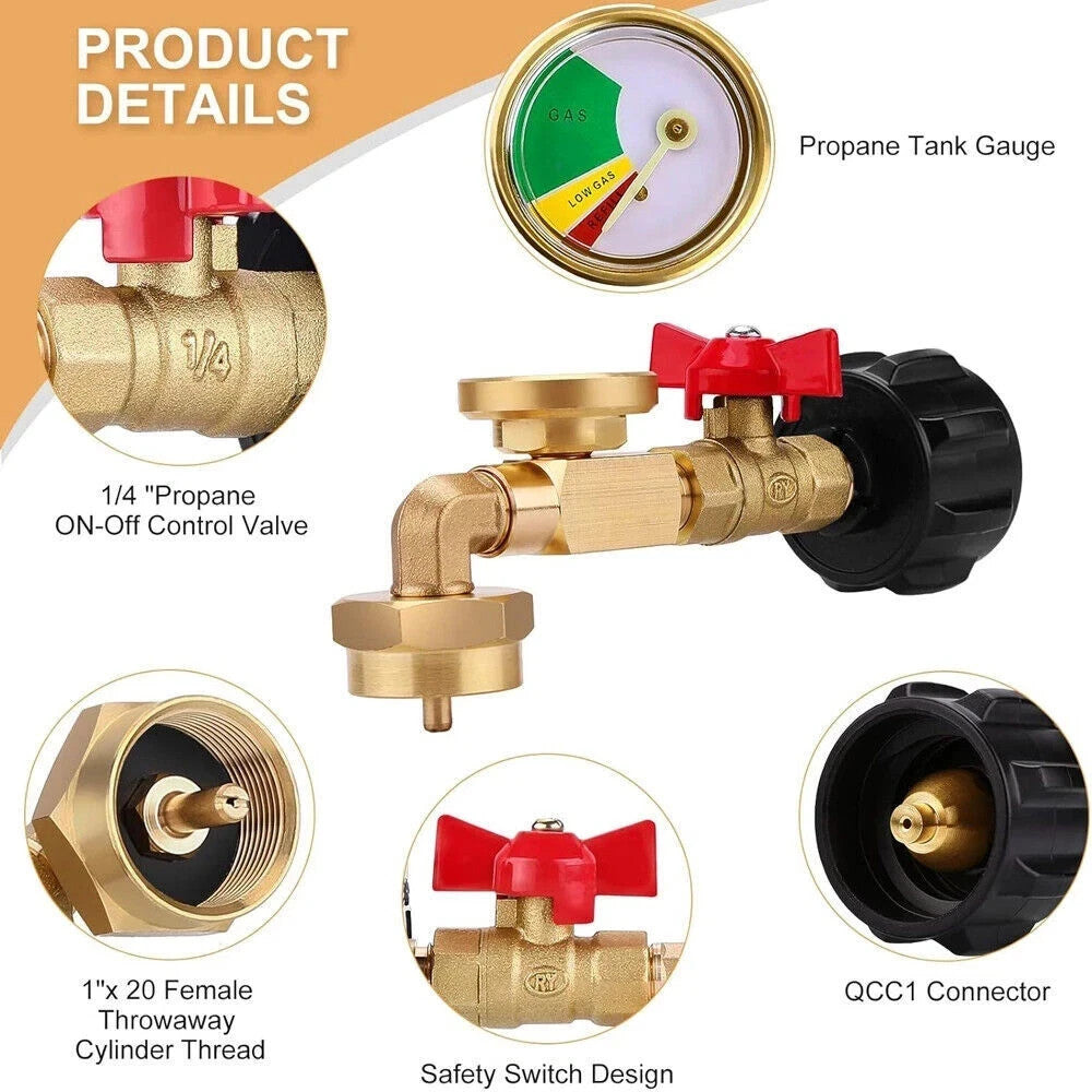 Propane Refill Adapter with Gauge & On-Off Valve for 1Lb to 20Lb Tanks