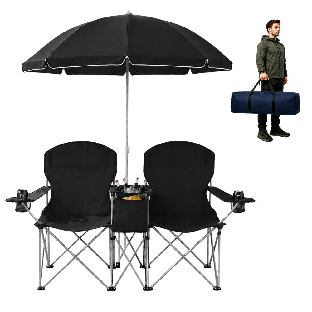Portable 2-Person Folding Picnic Chair with Umbrella Cooler and Cup Holders