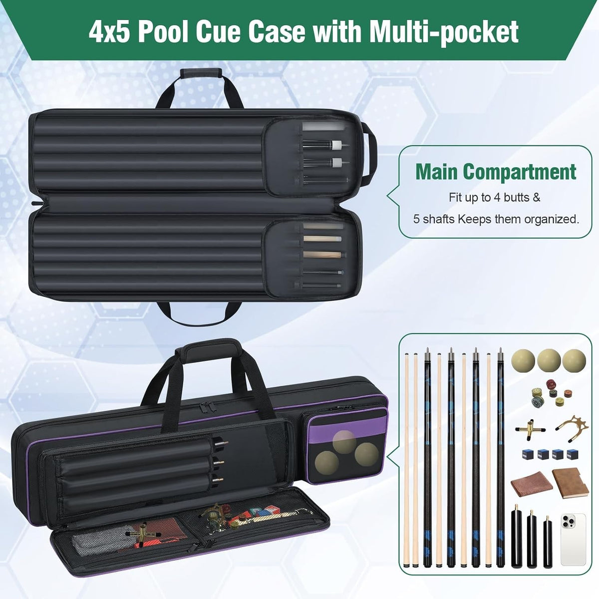 Pool Cue Case 4x5 with 4 Butts & 5 Shafts - Padded Billiard Cue Case with 2 External Pockets