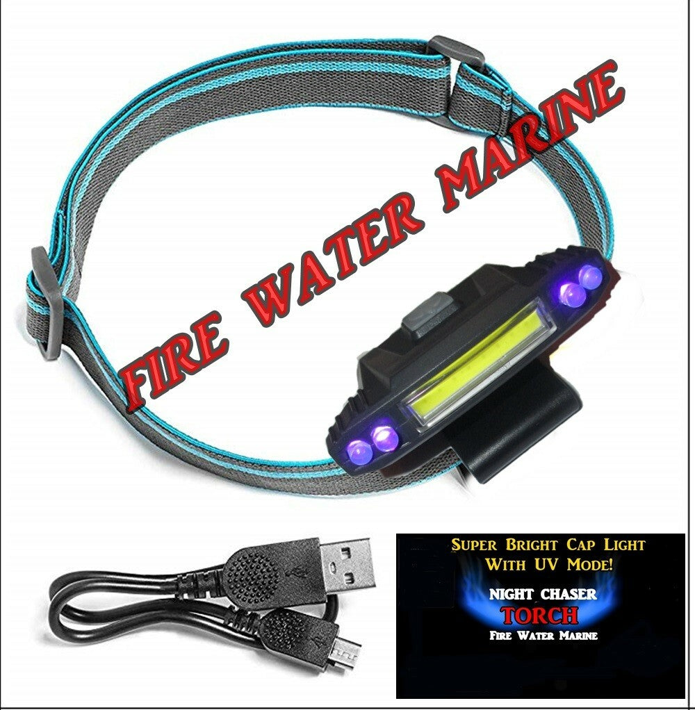 Rechargeable COB LED Cap Light with UV Black Light for Fishing, Waterproof & Adjustable