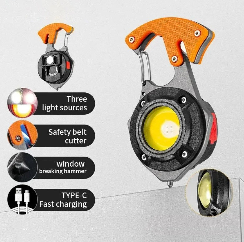 Rechargeable 500LM COB Keychain Flashlight Multi-Tool with Magnet & Emergency Functions