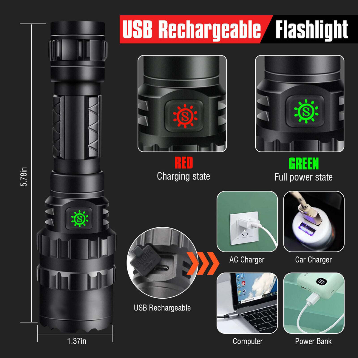 Super Bright Rechargeable Tactical LED Flashlight with 5 Modes Waterproof Portable Torch