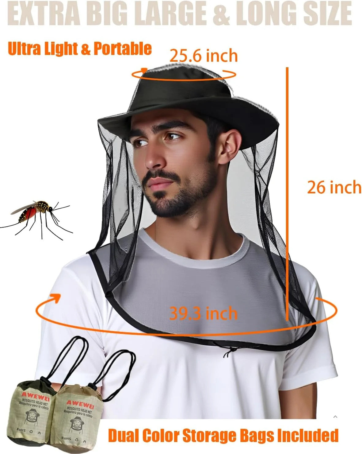 Mosquito Head Net 2 Pack Ultra Fine Ice Silk Breathable Large Mesh for Outdoors