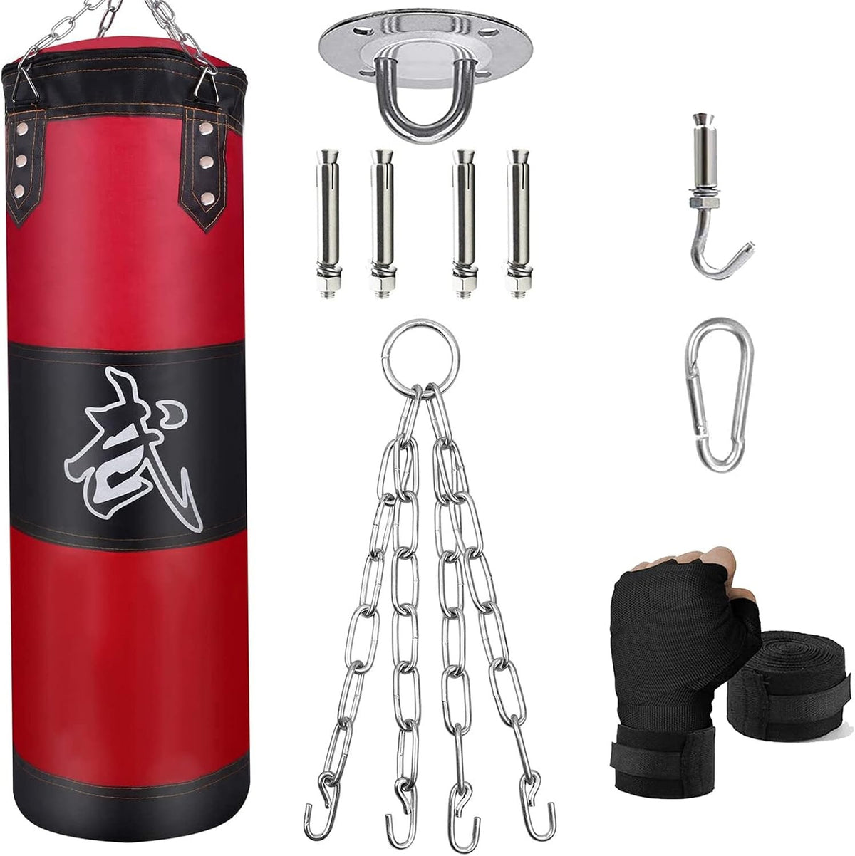 Unfilled Heavy Punching Bag Set with Hand Wraps & Steel Hanger for Boxing MMA Training