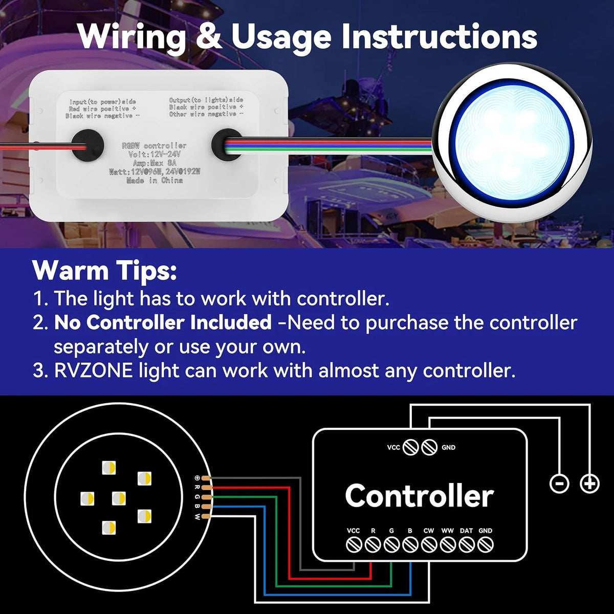 3-Inch Waterproof Marine RGBW LED Courtesy Lights Stainless Steel for Boats