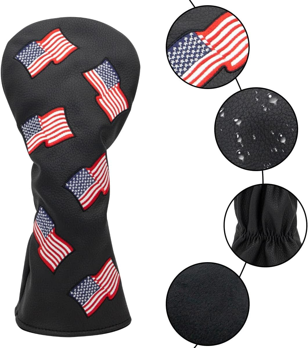 Patriotic Golf Club Head Cover Set USA Flag Driver Fairway Hybrid Black