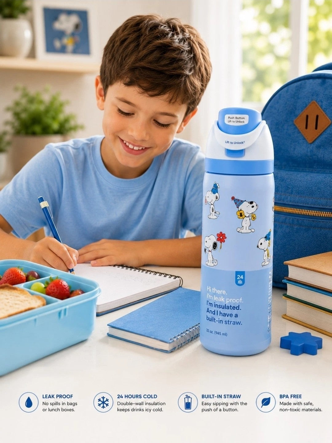 Insulated Kids Water Bottle with Straw - 32oz Snoopy Character Design
