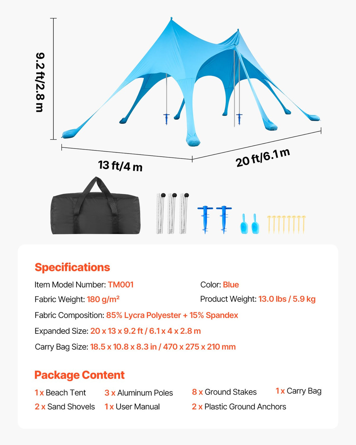 20 x 13 ft Portable Beach Tent Sun Shelter with UPF50+ Shade Canopy & Sandbags