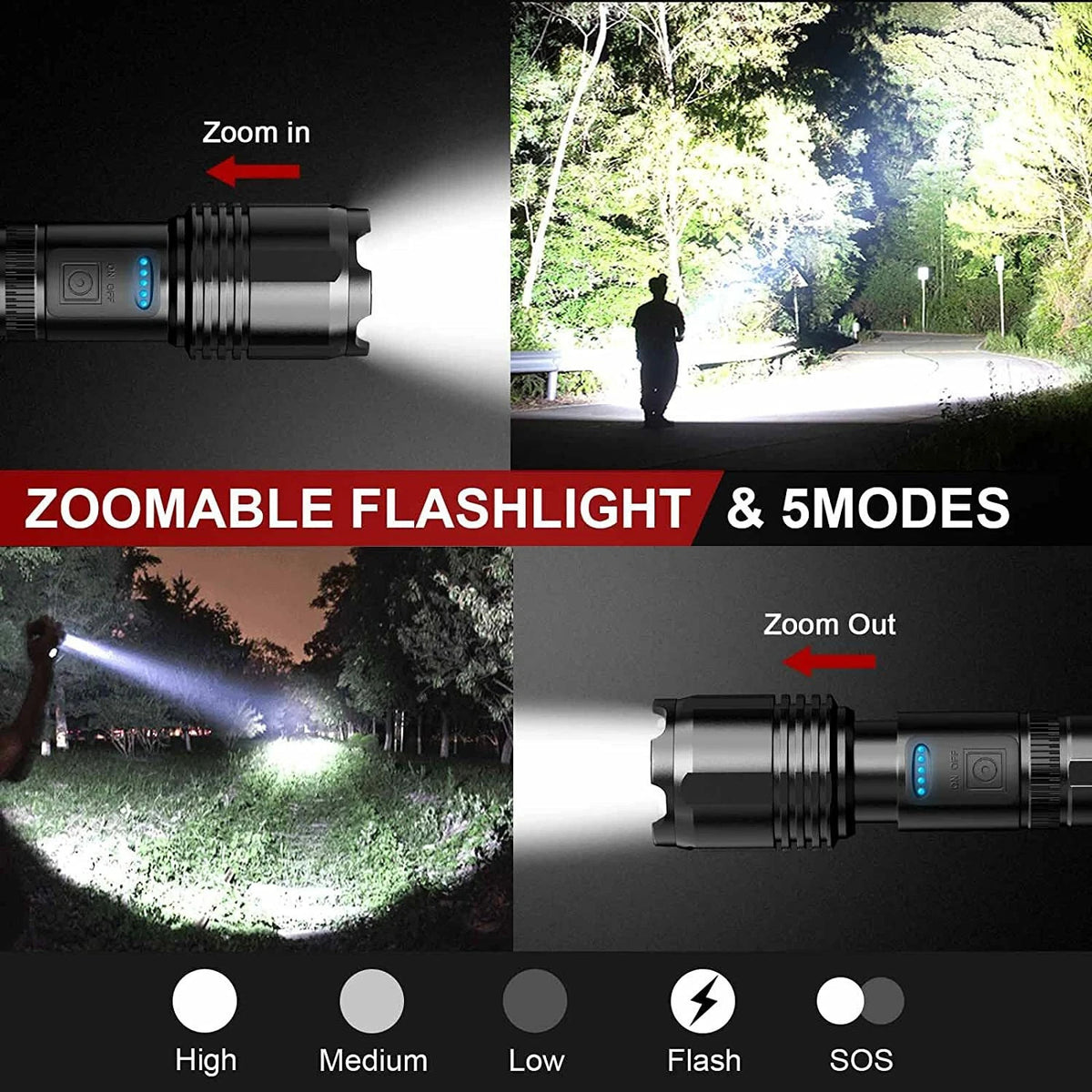 90000LM High Brightness LED Tactical Flashlight with Rechargeable Battery