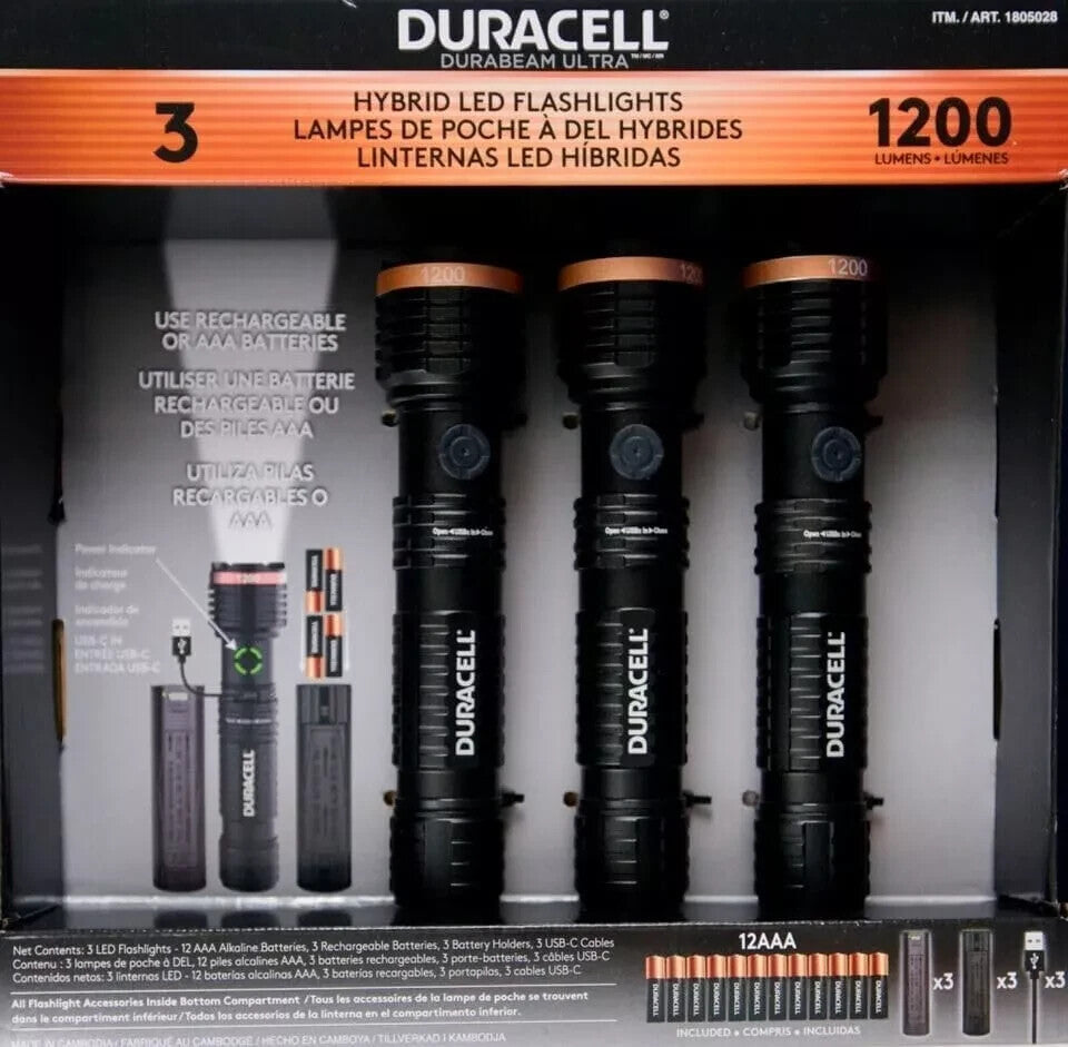 Duracell LED Flashlights Set of 3 1200 Lumens Rechargeable & AAA USB-C Cables