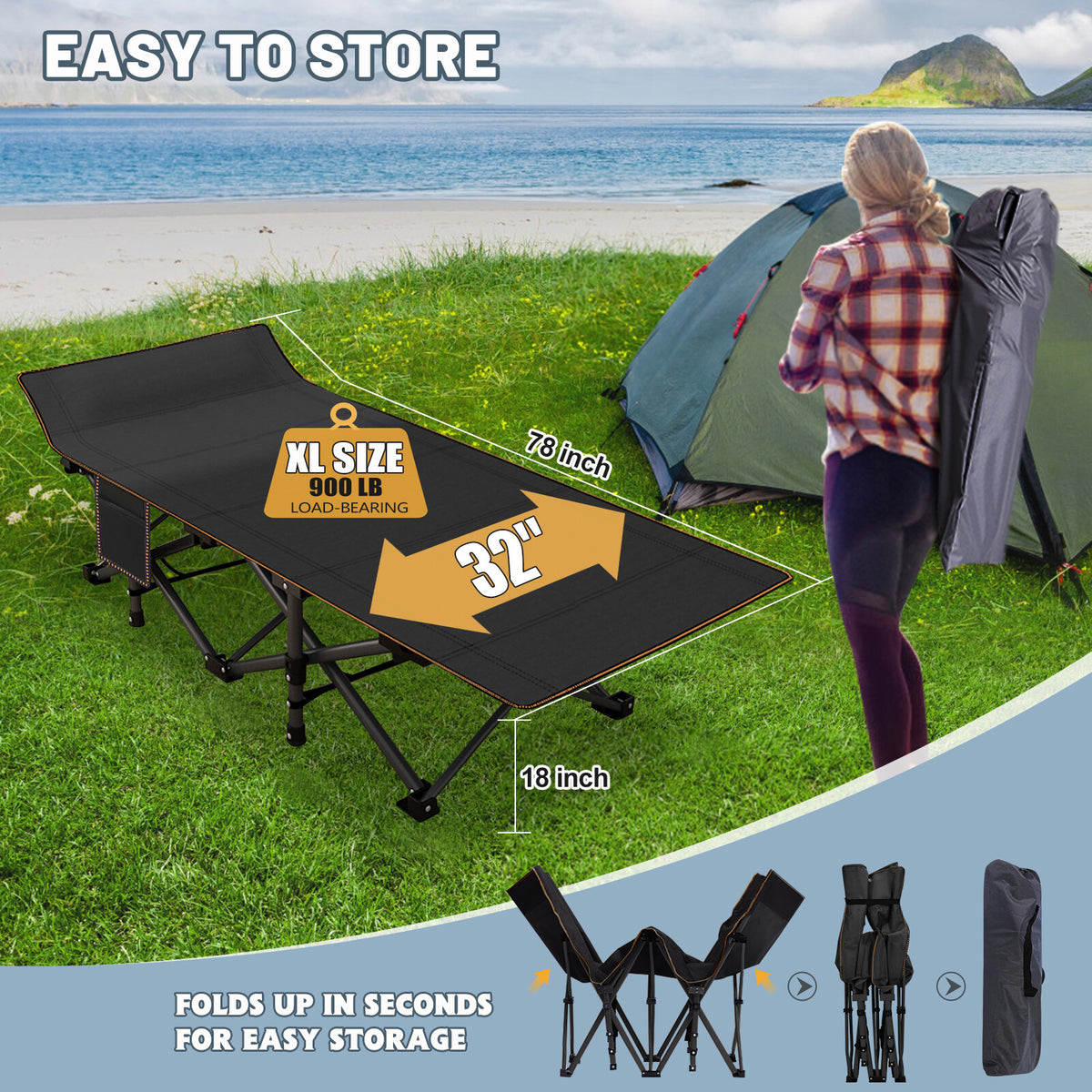 Heavy Duty Folding Camping Cot with Mattress - Portable Wide Bed for Adults