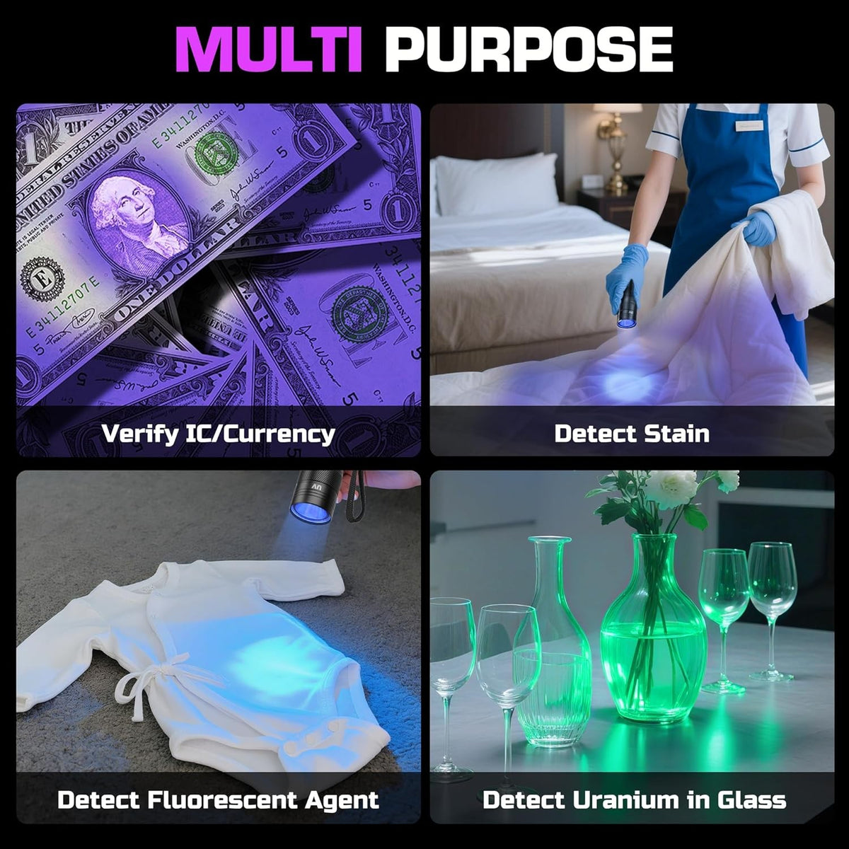 2 Pack UV Blacklight Flashlights 365nm Small Portable LED UV Light
