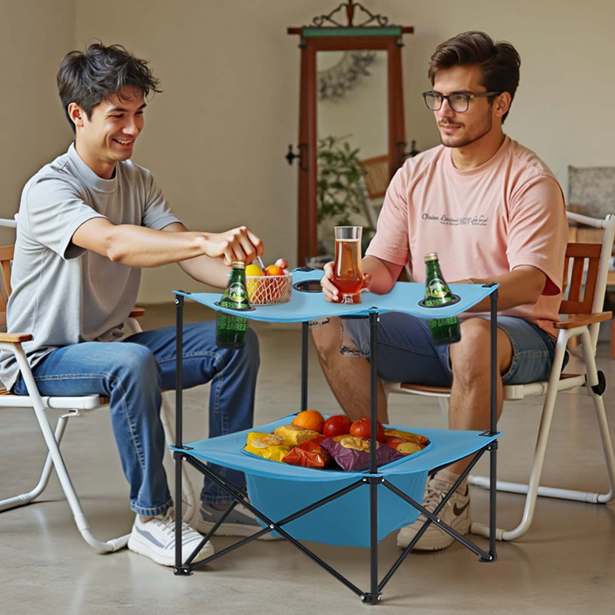 Portable Camping Table with Cup Holders, Foldable Outdoor Square Table