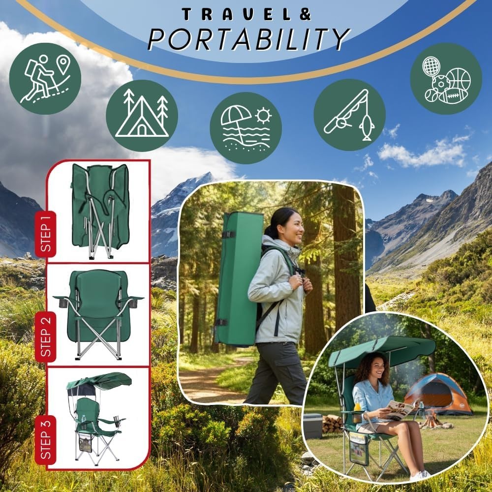 Portable Foldable Camping Chair with Canopy and Sun Shade - Lightweight Outdoor Seating