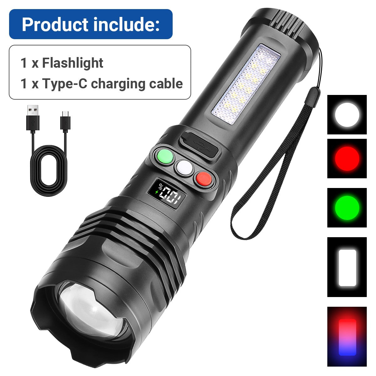 Rechargeable 990000LM LED Tactical Flashlight with 3 Colors & COB Work Light