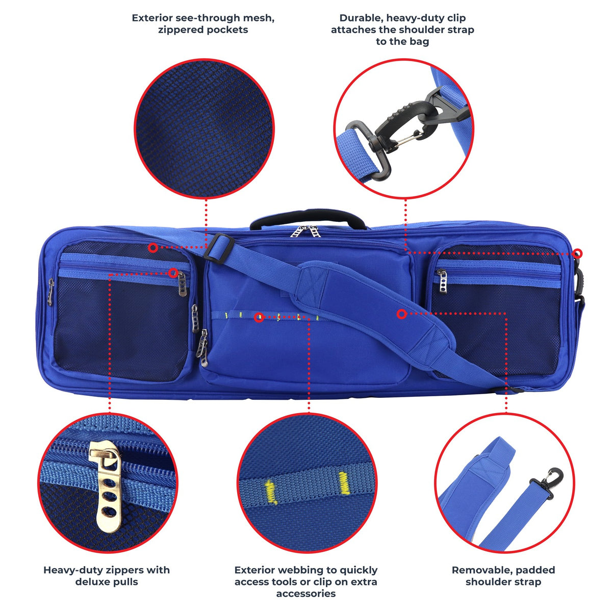 Large Fishing Rod Travel Bag with Dividers for 4 Rods, Tackle & Gear - Blue