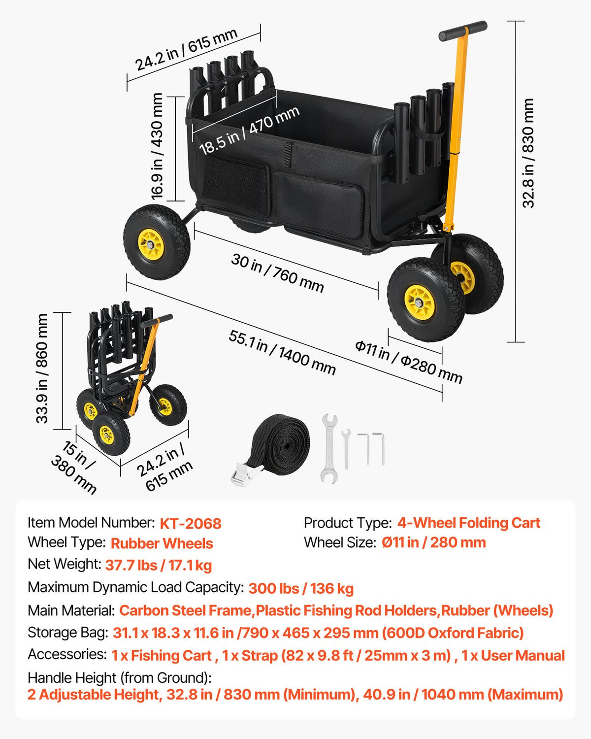 Foldable Fishing Cart 300 lbs with All-Terrain Rubber Wheels and Carbon Steel Frame