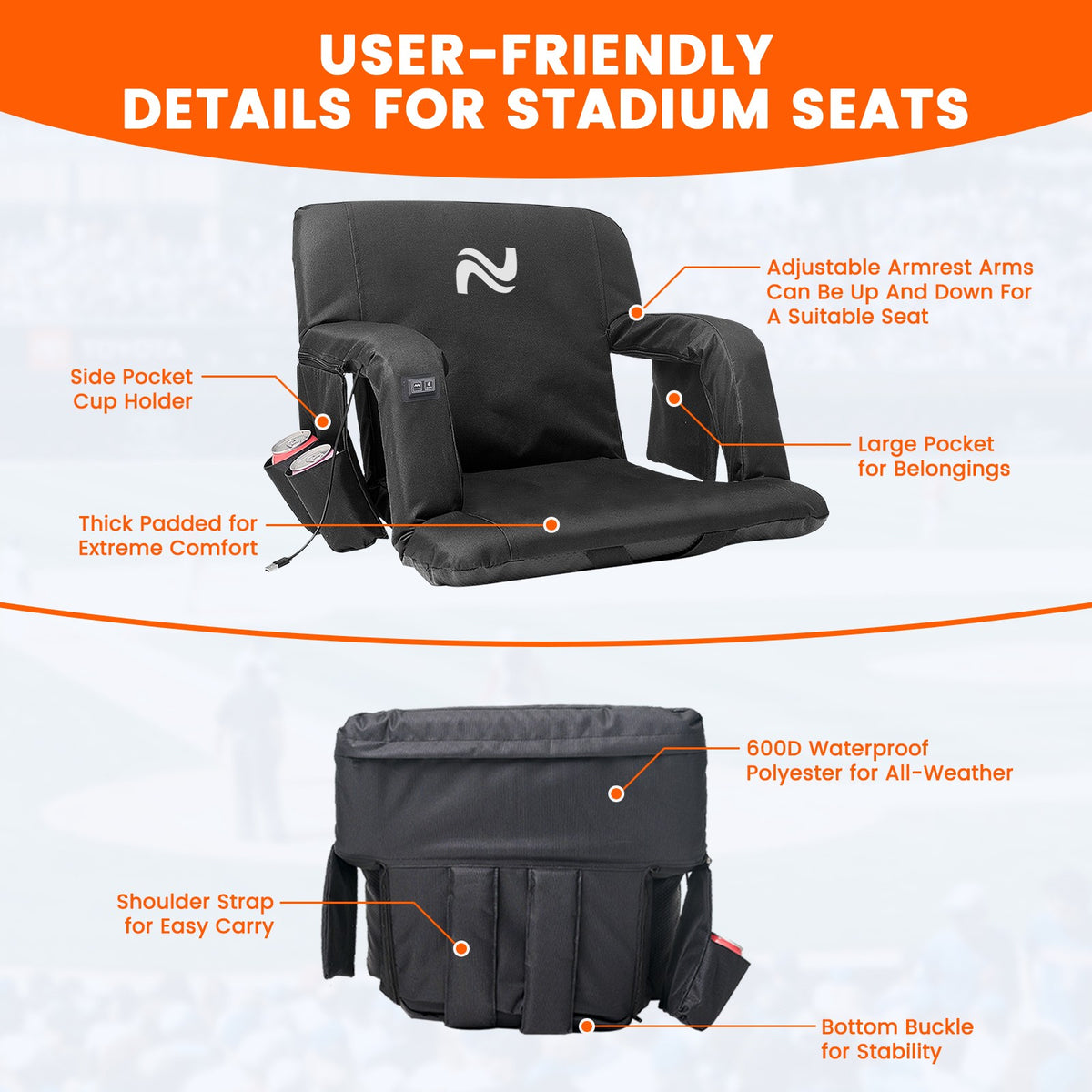 Heated Stadium Seats with Massage & Reclining Support for Bleachers