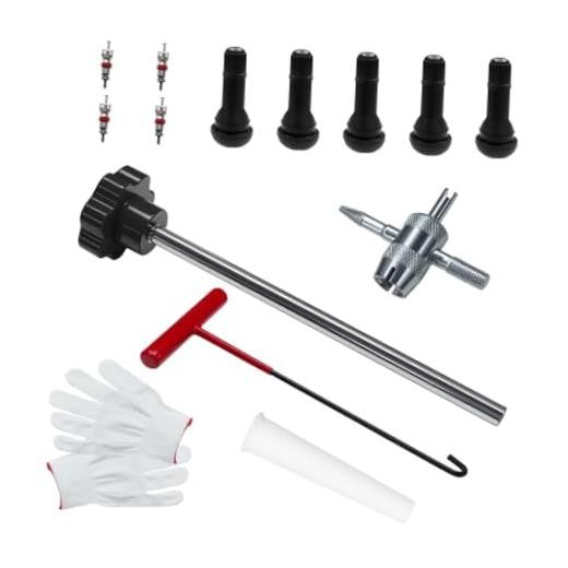 Car Tire Valve Core Removal & Replacement Kit with 5 Valves & 4-Way Tool